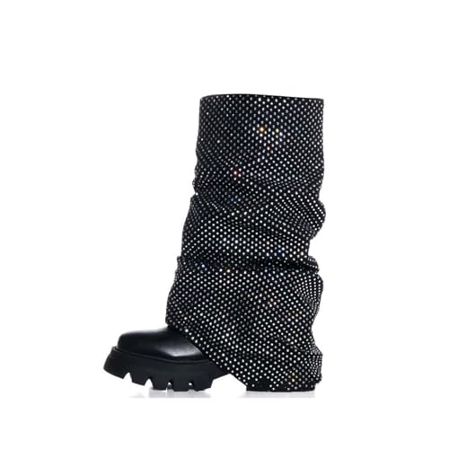 FhiHUEpr Damen Rundzehen Knitterstiefel mit gestapeltem Schaft und All-Over Strasssteinen - Y2K Stil Herbst/Winter Stiefel für Weihnachtsfeiern,Schwarz,37 EU von FhiHUEpr
