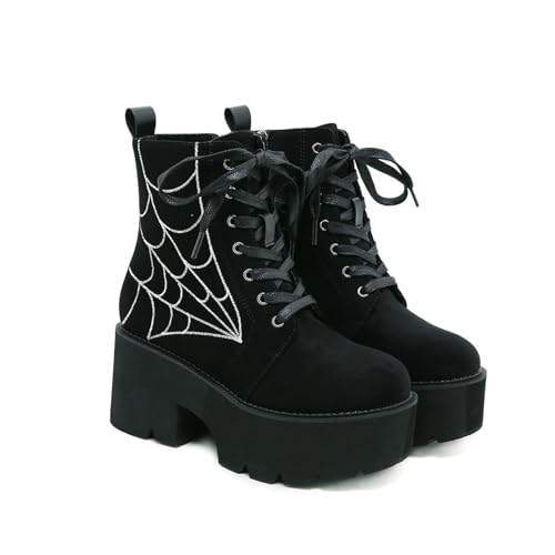 FhiHUEpr Damen Seitlicher Reißverschluss Chunky Block Heel Plateau Stiefeletten - Mittelhohe Stiefel für Rave Party, Konzerte, Halloween,Schwarz,40 EU von FhiHUEpr