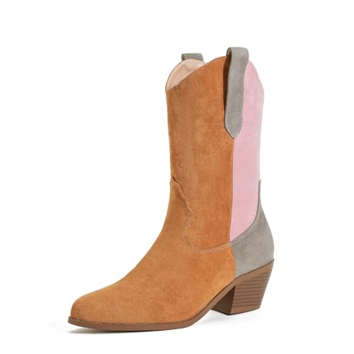 FhiHUEpr Damen Slip-On Western Cowboy Stiefel - Spitz zulaufende Chunky Heel Mid Calf Stiefel, vielseitige Knöchelschuh für Wochenendausflüge,Braun,36 EU von FhiHUEpr