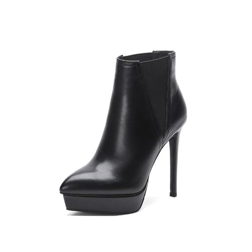 FhiHUEpr Damen Spitzer Zehen Slip-On Elastische Knöchel Stiefel - 13CM Hohe Absatzstiefel für Büro, Dates, Musikfestivals,Schwarz,41 EU von FhiHUEpr