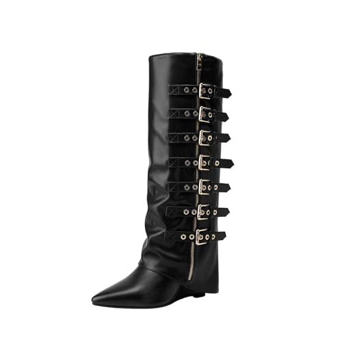 FhiHUEpr Damen Spitzer Zehenbereich Keilabsatz Kniehohe Stiefel aus echtem Leder mit seitlichem Reißverschluss für Reisen, Date-Nächte, Schwarz , 41 EU von FhiHUEpr