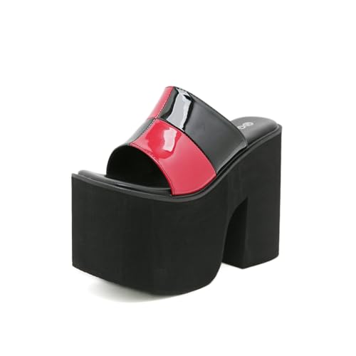 FhiHUEpr Damen Square Toe Open Toe Super High Plateau Keilsandalen - Sommerhausschuhe für Strandurlaub, lässiges Gehen,Rot,37 EU von FhiHUEpr