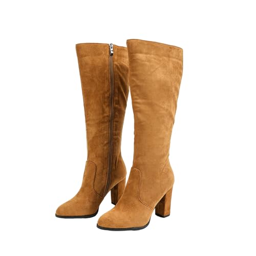 FhiHUEpr Damen Stiefel mit extra weitem Schaft - Wildleder Kniehohe Stiefel mit spitzer Zehe und Dicker Absatz für den täglichen Gebrauch, Büro, Dating,Braun,43 EU von FhiHUEpr