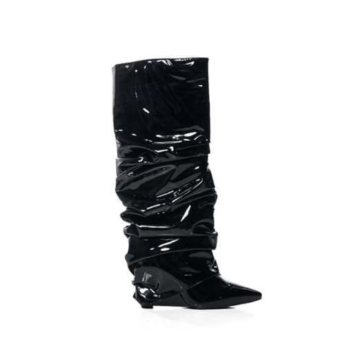 FhiHUEpr Damen-Stiefel mit halber Wade mit Keilabsatz – Herbst-Wintermode, gestapelte hohe Rüschenstiefel für Reisen und romantische Abende., Schwarz , 39 EU von FhiHUEpr