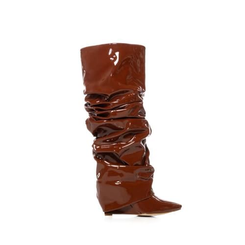 FhiHUEpr Damen-Stiefel mit halber Wade mit Keilabsatz – Herbst-Wintermode, gestapelte hohe Rüschenstiefel für Reisen und romantische Abende., braun, 37 EU von FhiHUEpr