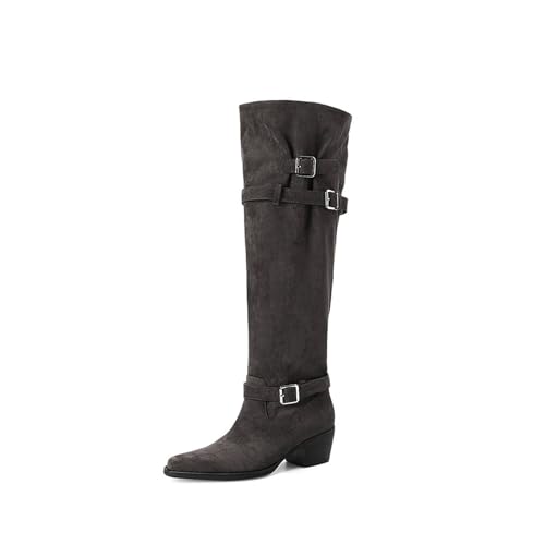 FhiHUEpr Damen Stiefeletten mit 5 cm Blockabsatz - Einfarbige Wildleder hohe Stiefel für Büro und Date-Nächte,Grau,39 EU von FhiHUEpr
