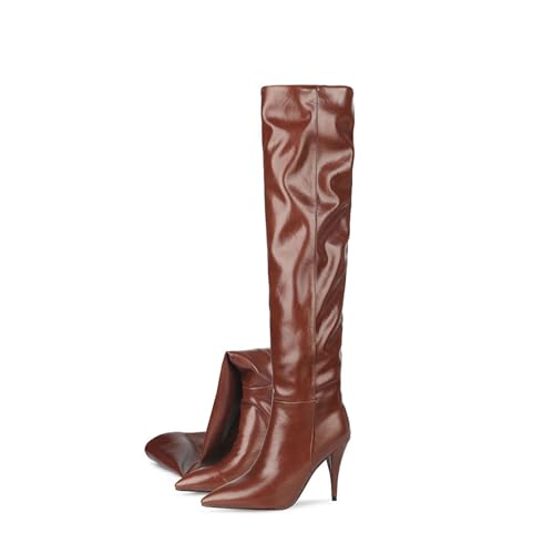 FhiHUEpr Damen Stiefeletten mit hohem Absatz, Kniehohe Boots für den Herbst und Winter, Elegante Stiefel für Konzerte, Hochzeiten und das Büro,Braun,36 EU von FhiHUEpr