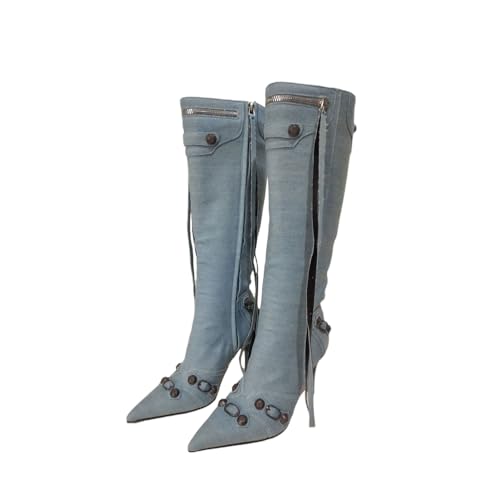 FhiHUEpr Damen Stiletto-Absatz spitz zulaufende Denim Kniehohe Stiefel - Seitenreißverschluss Mid-Calf Mode-Stiefel für Partys, Alltag-Outfits,Blau,40 EU von FhiHUEpr