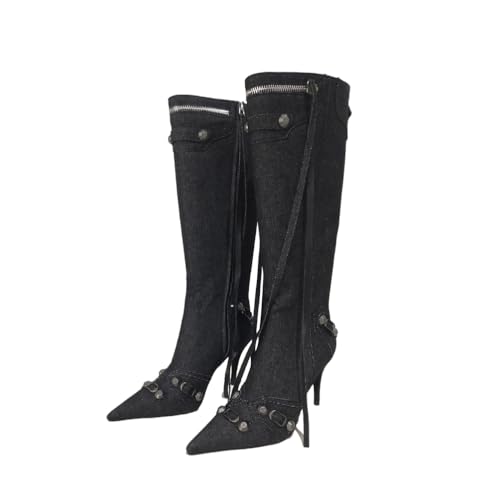 FhiHUEpr Damen Stiletto-Absatz spitz zulaufende Denim Kniehohe Stiefel - Seitenreißverschluss Mid-Calf Mode-Stiefel für Partys, Alltag-Outfits,Schwarz,38 EU von FhiHUEpr