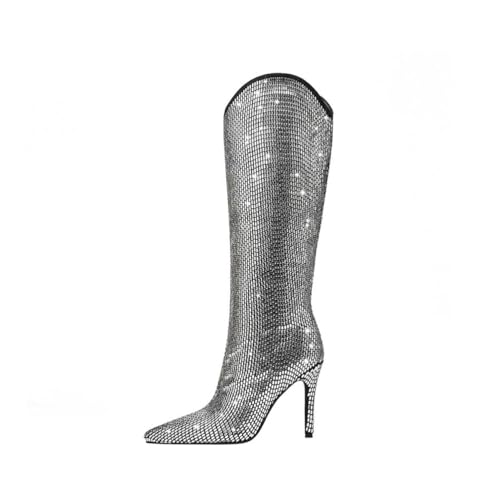 FhiHUEpr Damen Strass Funktionsstiefel - rutschfeste Mid-Calf Stiletto-Absätze für Hochzeiten, Büro, Festivals,Schwarz,39 EU von FhiHUEpr