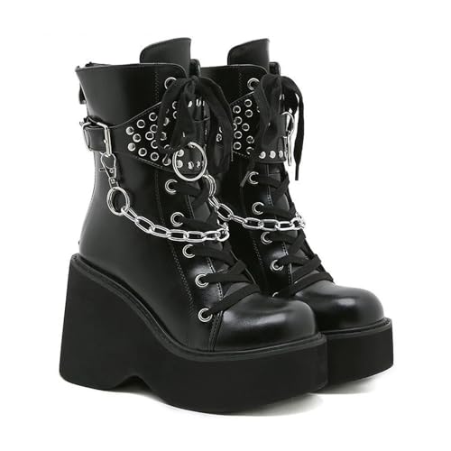 FhiHUEpr Damen Ultrahohe Plateaustiefel mit mittlerer Wade - Gothic Kampfstiefel für den täglichen Arbeitsweg, Herbst Winter Mode,Schwarz,36 EU von FhiHUEpr