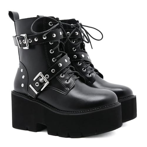 FhiHUEpr Damen Veganes Leder Punk Combat Booties Größe 5-6 mit Rutschfester Sohle - Gothic Plateau Stiefel für Konzerte Nachtclub,Schwarz,38 EU von FhiHUEpr