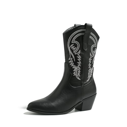 FhiHUEpr Damen Vintage Schwarze Western Cowboy Boots - Spitzes Design mit niedrigem Blockabsatz, Stiefel bis zur Mitte des Schaftes für den täglichen Gebrauch, Büro, Date Nights,Schwarz,43 EU FhiHUEpr Damen Vintage Schwarze Western Cowboy Boots - Spitzes Design mit niedrigem Blockabsatz, Stiefel bis zur Mitte des Schaftes für den täglichen Gebrauch, Büro, Date Nights,Schwarz,43 EU von FhiHUEpr