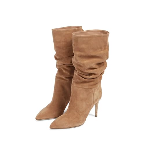 FhiHUEpr Damen Weite Passform Wildleder Slip-On Knöchel-Stiefel, Spitze Zehen schlüpfende Stiefel für Nachtclubs, Hochzeiten, Büros,Braun,35 EU von FhiHUEpr