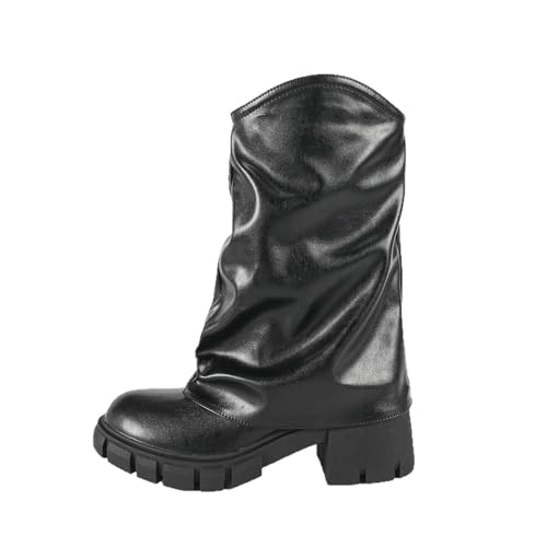 FhiHUEpr Damen Western Cowboy Stiefel - Runde Zehen Chunky Heel Plattform Stiefeletten - für den täglichen Freizeitlook, Herbst-Winter-Garderobe,Schwarz,42 EU von FhiHUEpr