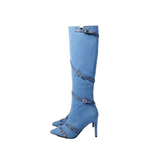 FhiHUEpr Damen Western Cowboy Stiefel - Spitz zulaufende Stiletto-Absatz Stiefel bis zur Wade für Landkonzerte, Herbst-Winter Mode,Blau,39 EU von FhiHUEpr