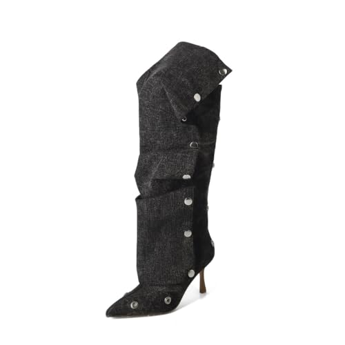 FhiHUEpr Damen Western Falten gestapelte Stiefel Kniehohe Stiefel - 8 cm Stiletto-Absatz mittlere Wadenstiefel für Dates, Festival-Outfits,Schwarz,34 EU von FhiHUEpr