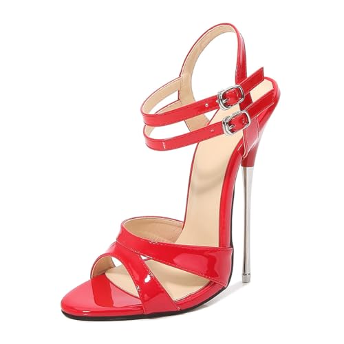 FhiHUEpr Damen Wettkampf Latin Heels - Pole Dance Schuhe mit 16cm Stiletto & Knöchelriemen - Drag Queen Show Schuhe,Rot,45 EU von FhiHUEpr
