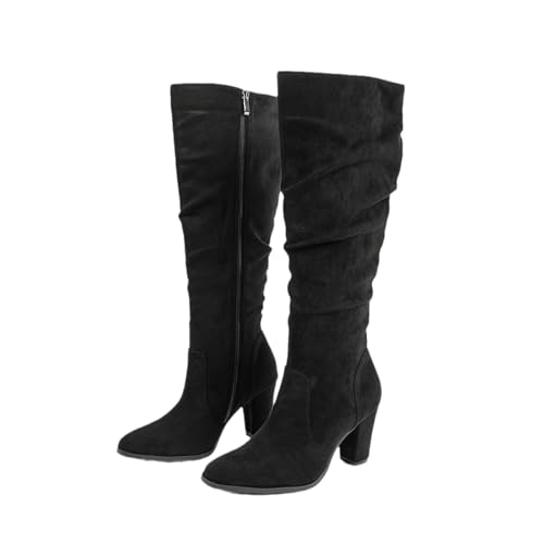 FhiHUEpr Damen Wildleder Stiefeletten mit spitzer Zehe und Blockabsatz - Herbst-Winter-Modestiefel für die Arbeit, besondere Anlässe,Schwarz,36 EU von FhiHUEpr