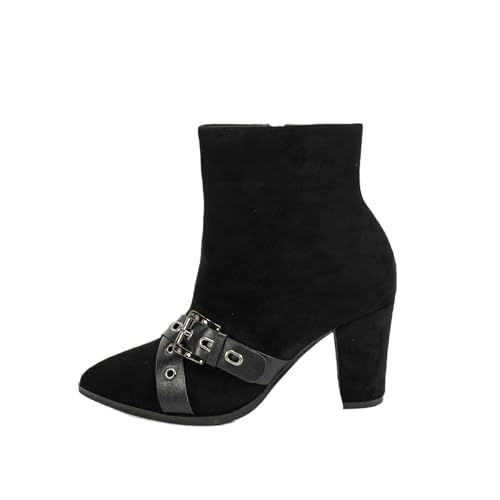 FhiHUEpr Damen Winter Wildleder Spitze Zehen Chunky Heel Stiefeletten - Stiefeletten mit niedrigem Absatz für lässiges Büro, tägliches Spazierengehen, Date Night,Schwarz,37 EU von FhiHUEpr