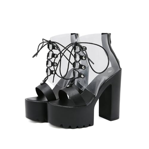 FhiHUEpr Damen Y2K Transparente Schnürsandalen Kampfstiefel - 14 cm klobigen Blockabsatz, für Nachtclub, Modenschauen,Schwarz,39 EU von FhiHUEpr