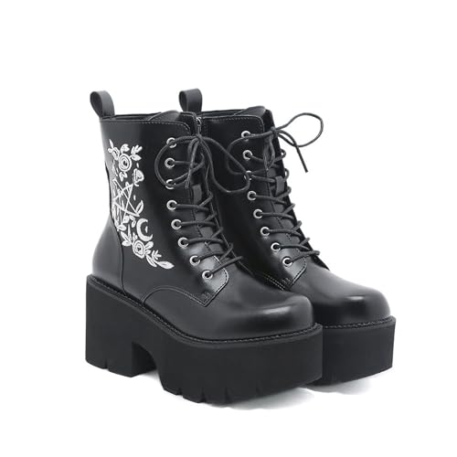 FhiHUEpr Damen Zunehmende Herbst-Winter-Stiefeletten Warme Stiefeletten - Plateaustiefel mit Blockabsatz in der Mitte der Wade zum Gehen, Pendeln im Büro,Schwarz,36 EU von FhiHUEpr