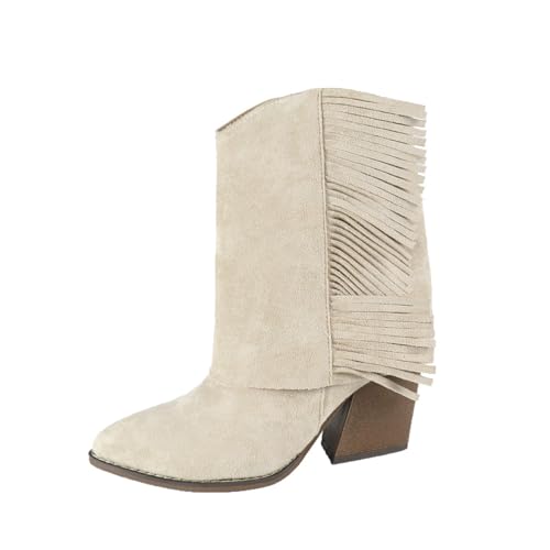 FhiHUEpr Damen beige Wildleder Reißverschluss Stiefeletten - 8 cm niedrige Blockabsatz Kampfstiefel perfekt für die Herbst-Winter-Saison, tägliches Tragen,Beige,41 EU von FhiHUEpr