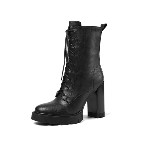 FhiHUEpr Damen kleine Größen klobige Absatz Schnürstiefeletten - breite Stiefel für tägliches Gehen, Hochzeiten, Musikfestivals,Schwarz,37 EU von FhiHUEpr