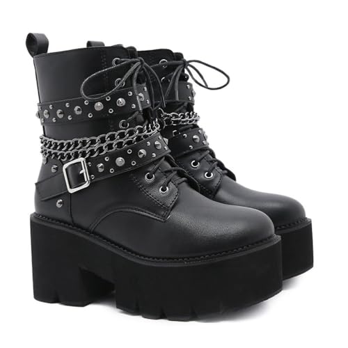 FhiHUEpr Gothic Punk Kampfstiefel für Damen - Chunky Block Heel Plateau Stiefeletten - Motorradstiefel für Konzerte, Halloween,Schwarz,41 EU von FhiHUEpr