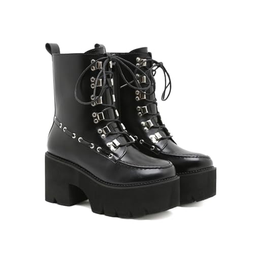 FhiHUEpr Leichte Damen Schnürstiefeletten mit seitlichem Reißverschluss - Chunky Block Heel Herbst Winter Stiefeletten mit Absatz Schuhe zum Wandern, Ausgehen,Schwarz,42 EU von FhiHUEpr