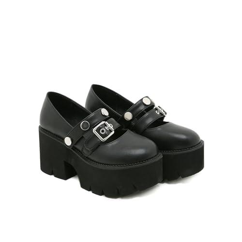 FhiHUEpr Mary Jane Schuhe für Damen, niedriger, klobiger Blockabsatz, geschlossene Zehenspitze, Knöchelriemen, Arbeitspumps, Hochzeitsfeier, Comic, Con Schuhe,Schwarz,42 EU von FhiHUEpr
