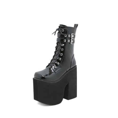 FhiHUEpr Plateau-Kampfstiefel für Damen - rutschfeste Sohle Chunky Heel Stiefeletten für Bühnenshows, Nachtclub, lässige Outfits,Schwarz,39 EU von FhiHUEpr