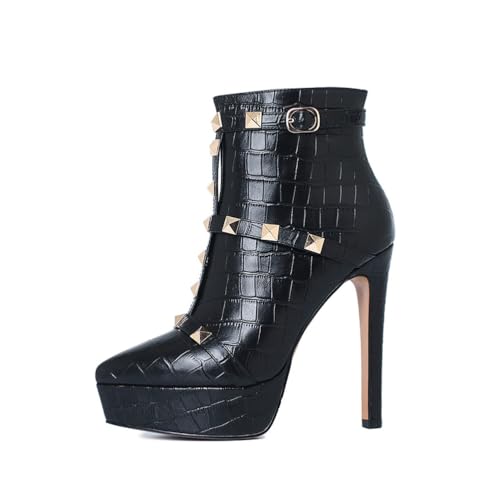 FhiHUEpr Schmale Damen Stiletto-Ankle-Boots mit spitzem Zeh - Hohe Absatz-Booties für Hochzeiten, Date-Nights, Musikfestivals,Schwarz,39 EU von FhiHUEpr