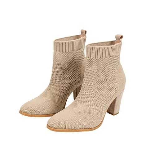 FhiHUEpr Stretch-Stiefeletten zum Anziehen für Damen mit 8 cm Blockabsatz - Stiefeletten mit niedrigem Absatz für Büro, Freizeitoutfits und Herbstmode,Beige,36 EU von FhiHUEpr