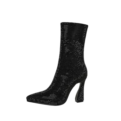 Glitzernde Knöchelstiefel für Damen für breite Waden, Spitze Slip-On Stiletto-Absätze für Nachtclubs, Hochzeiten, Büros, Dates,Schwarz,36 EU von FhiHUEpr