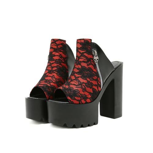 Height Boost Plateau-Sandalen mit offener Spitze, klobige Partyschuhe mit Blockabsatz zum Tanzen, Veranstaltungen auf dem roten Teppich,Rot,36 EU von FhiHUEpr
