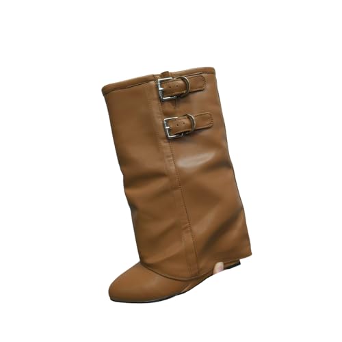Keilabsatz Chelsea Stiefeletten für Frauen - Breite Wade Design für Nachtausflüge, Büro, Konzerte, Hochzeiten, Reisen,Braun,43 EU von FhiHUEpr