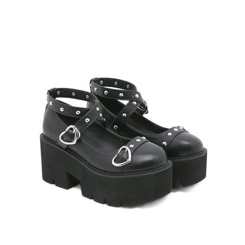 Petite Size Chunky Heel Pumps für Frauen - Komfort niedrig geschnittene Halloween Cosplay Schuhe mit Rutschfester Sohle für Anime Convention, Party,Schwarz,42 EU von FhiHUEpr