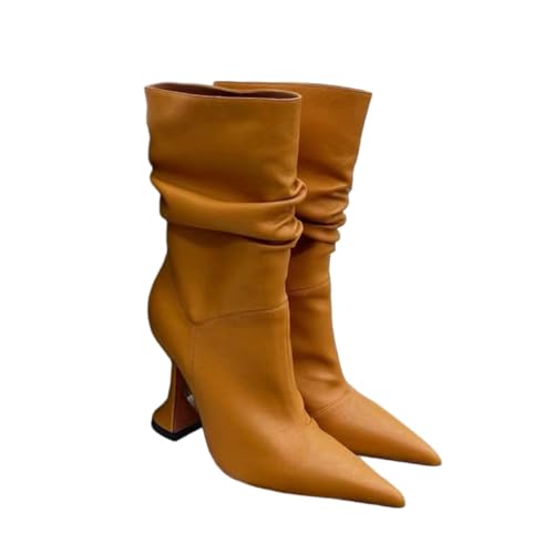 Stiefeletten bis zur Mitte der Waden für kleine Frauen, Herbst-Winter High Heel Stiefel für Konzerte, Hochzeiten, Büros, Abende,Braun,34 EU von FhiHUEpr