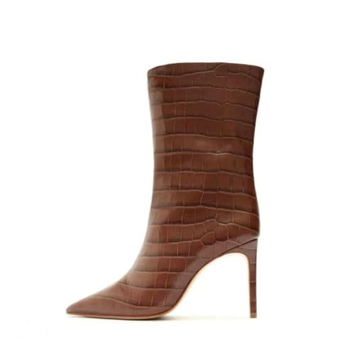 Stiefeletten bis zur Mitte der Waden für kleine Frauen, Herbst-Winter High Heel Stiefel für Konzerte, Hochzeiten, Büros, Abende,Braun,43 EU von FhiHUEpr