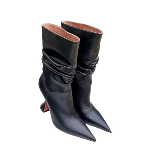 Stiefeletten bis zur Mitte der Waden für kleine Frauen, Herbst-Winter High Heel Stiefel für Konzerte, Hochzeiten, Büros, Abende,Schwarz,40 EU von FhiHUEpr