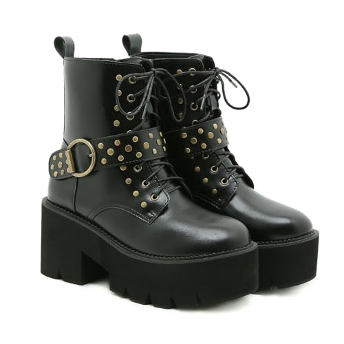 rutschfeste Plateau-Stiefeletten mit Sohle für zierliche Frauen - Größe 5, seitlicher Reißverschluss - Halbhohe Stiefel für die Festivalsaison, Partynächte,Schwarz,39 EU von FhiHUEpr