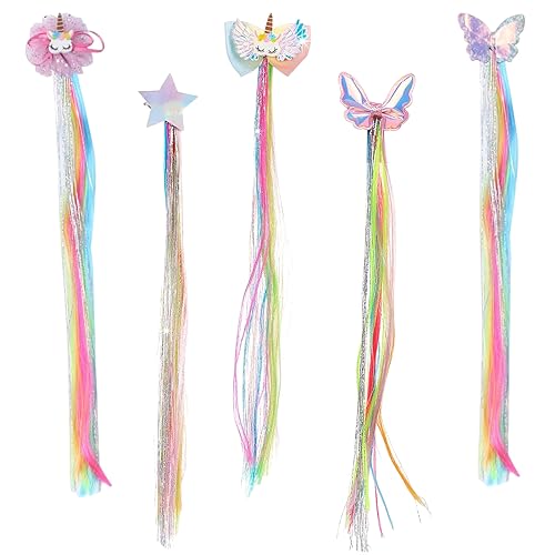 Fhioevt 5 Stück Locken Haarverlängerung Clips Bunte Haarsträhnen Kinder Stern Einhorn Bogen Prinzessin Haarspangen Mädchen Haarschmuck Bunte Haarteil Synthese Party Ankleiden für DIY Haar von Fhioevt