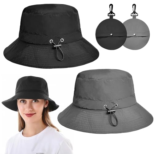 Fhioevt Sonnenhut Herren Damen Faltba Frischerhut UV Schutz 50 Bucket Hat Anglerhut Wasserdicht Regenhut Packable Sommerhut mit Verstellbare Kinnriemen für Wandern Outdoor (Schwarz, Grau) von Fhioevt