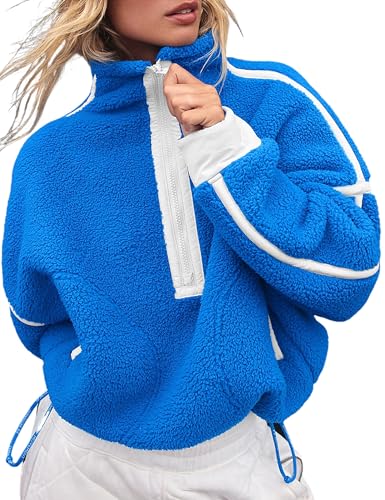 Fhniepan Damen Oversized Fleece Sweatshirt Langarm Half Zip Sherpa Hoodie Fleece Pullover Top mit Taschen, Blau, S von Fhniepan