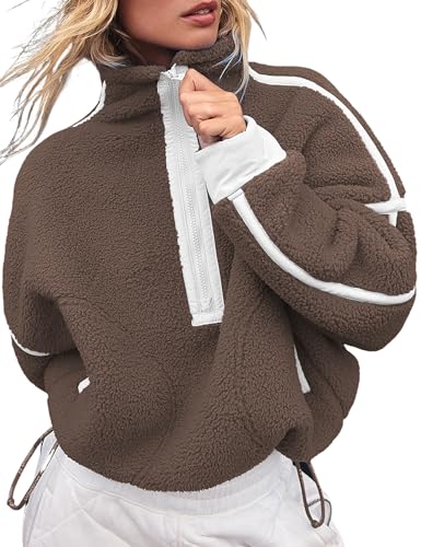 Fhniepan Damen Oversized Fleece Sweatshirt Langarm Half Zip Sherpa Y2k Fleece Pullover Top mit Taschen, Braun, Klein von Fhniepan
