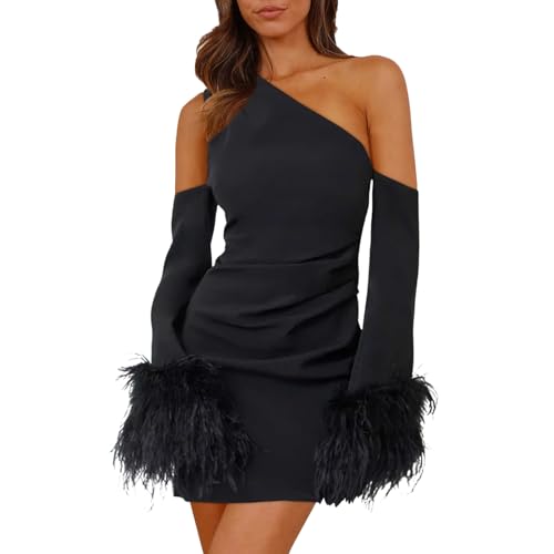 Fhtahun Damen Ohne Schultern Langarm Kleider mit Federn Ärmel Elegant Einfarbig Minikleider Figurbetont Shortkleid Hohe Taille Partykleid Clubkleid Bodycon Abendkleid von Fhtahun