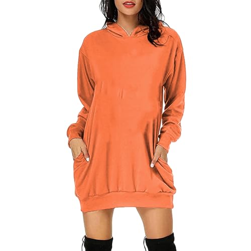 Fhtahun Hoodie Damen Lang Lässig Langarm Pullover Sweatshirt Mit Kapuze Taschen Lose Hoodie Minikleid Elegant Herbst Winter Pullover Kleider Hoodie Kleid Norwegen Hoodie (a-Orange, XL) von Fhtahun