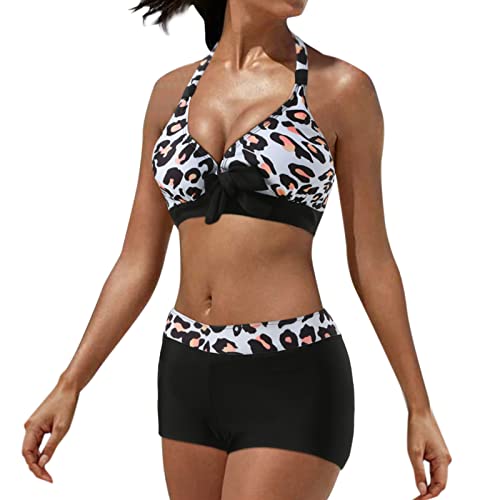 Fhuuly Bikini Damen Set Mit Bügel Zweiteiliger Badeanzug Mädchen Große Brüste Bauchweg Bademode Schnürung Push Up Verstellbar Crossover Ties-Up Neckholder Bikinioberteil Gedruckt Sommer Oberteil von Fhuuly