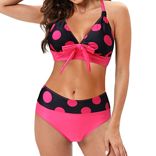 Fhuuly Bikini Damen Set Mit Bügel Zweiteiliger Badeanzug Mädchen Große Brüste Bauchweg Bademode Schnürung Push Up Verstellbar Crossover Ties-Up Neckholder Bikinioberteil Gedruckt Sommer Oberteil von Fhuuly